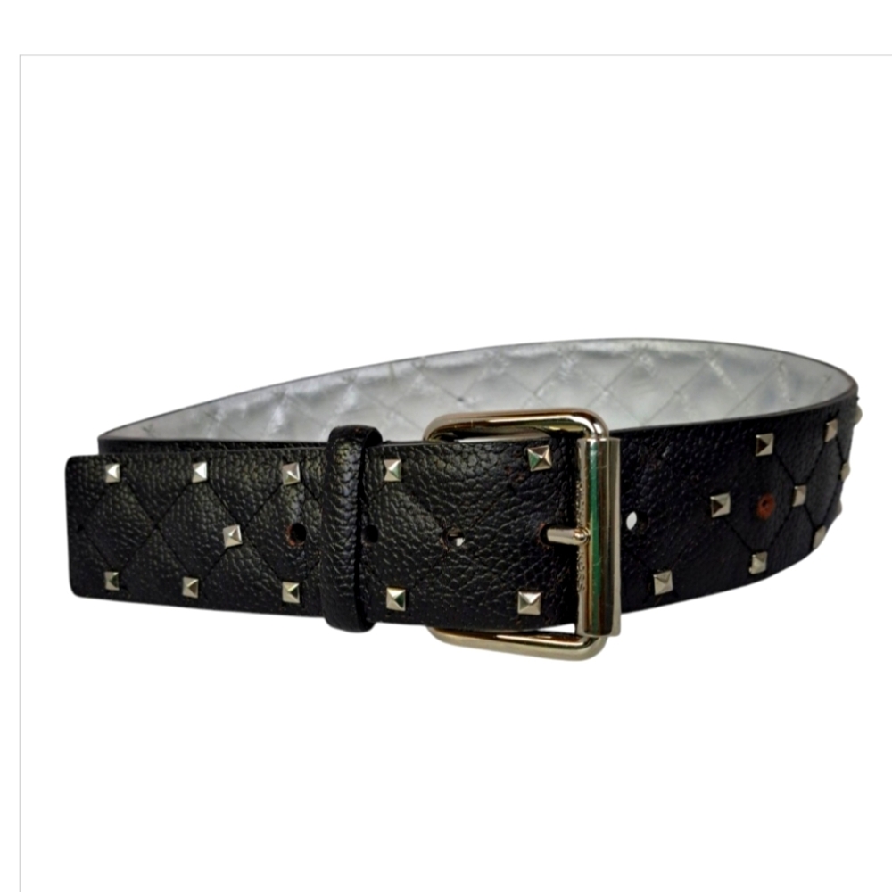 MICHAEL Michael Kors Black Quilted Leather Studded Belt with Gold Buckle